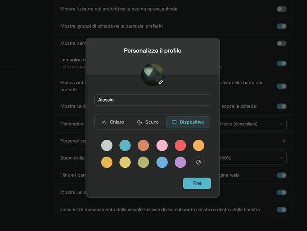 Attivare dark mode Comet