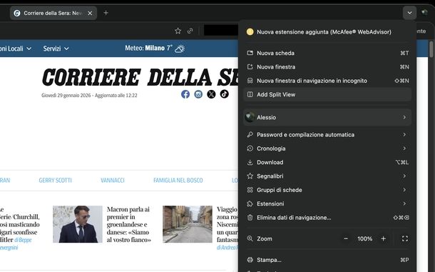 Attivare modalità Split-view Comet