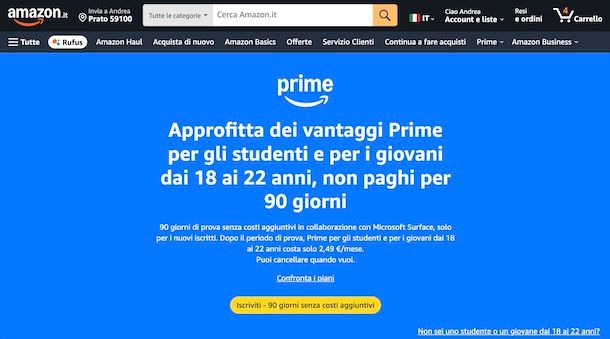Abbonamento Prime per gli studenti e per i giovani dai 18 ai 22 anni