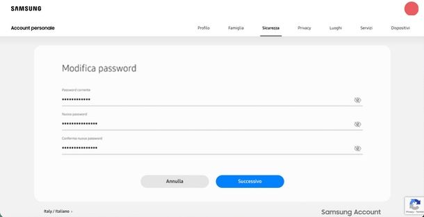 Modifica password account Samsung Web