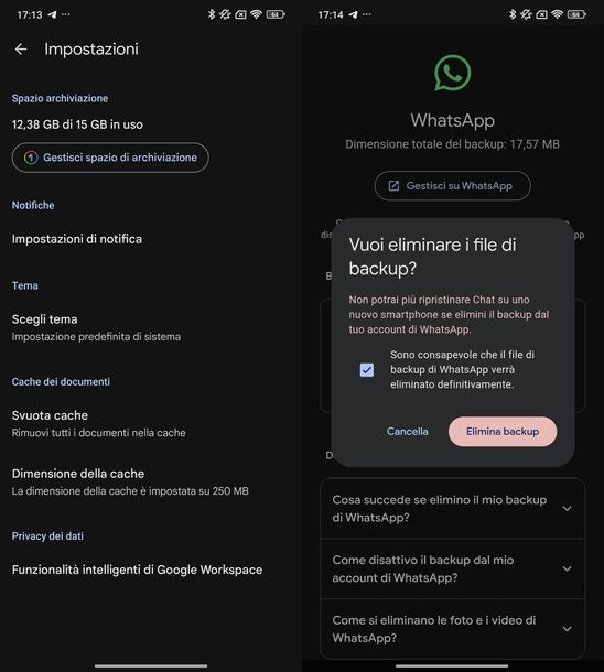Eliminare backup WhatsApp Android