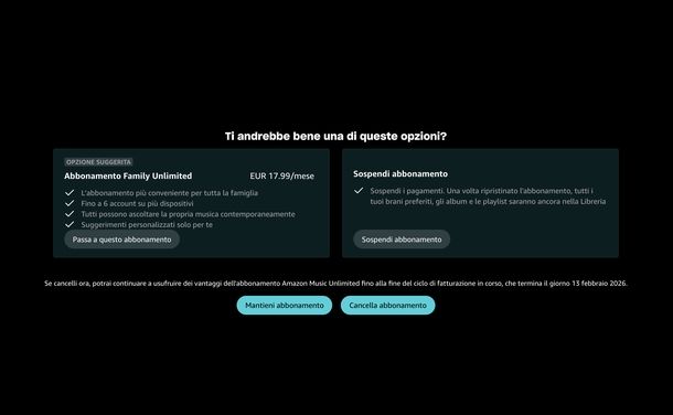 Disattivare Amazon Music Unlimited Web