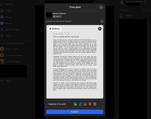 Caricare PDF profilo Facebook