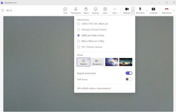 selezione webcam virtuale SplitCam su Microsoft Teams