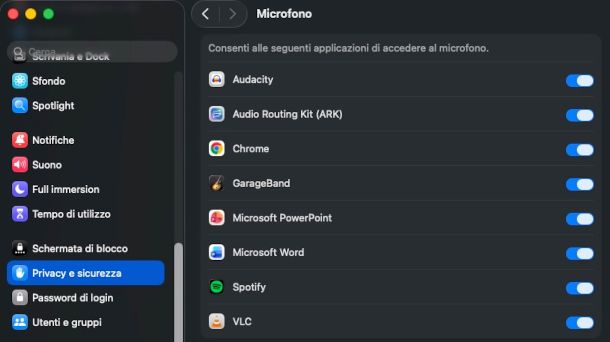preferenze per la privacy, sezione microfono, su macOS