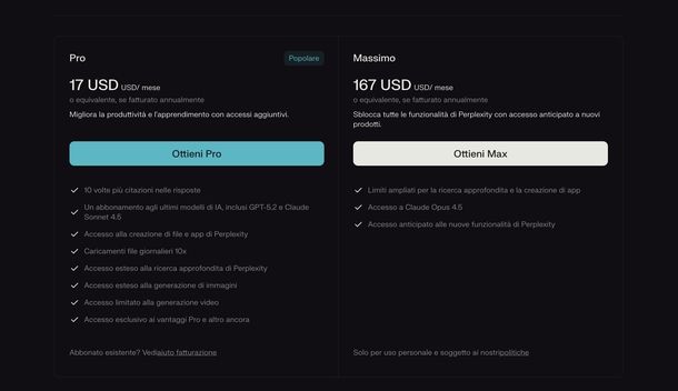 Perplexity piani prezzi