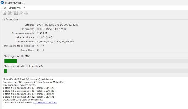 schermata elaborazione DVD su MakeMKV