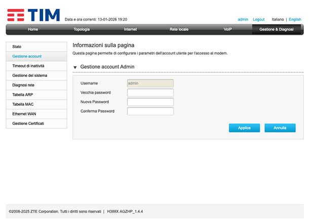 Modificare username e password
