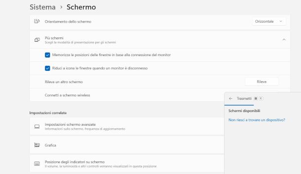 schermata connessione schermo wireless Miracast su Windows 11