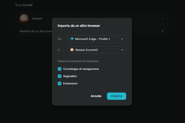 Importare dati da altri browser Comet