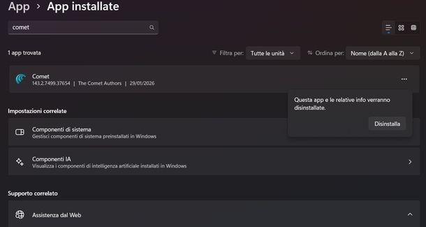 Disinstallare Comet Windows