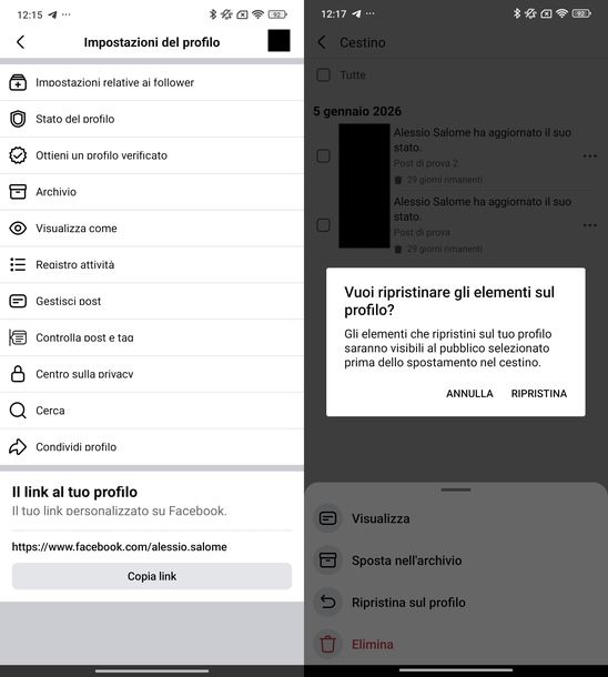 Recuperare post cancellato su Facebook app
