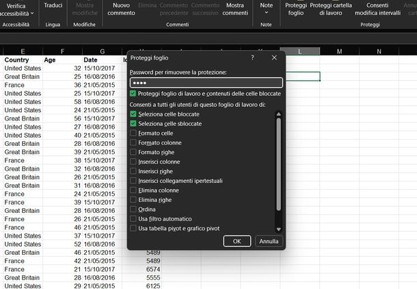 Bloccare valori colonna Excel Windows