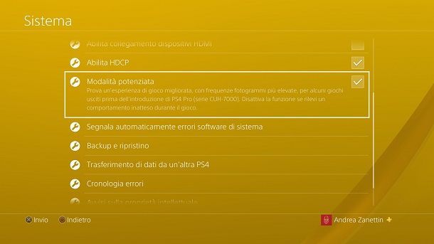 funzione modalit&agrave; potenziata su PS4