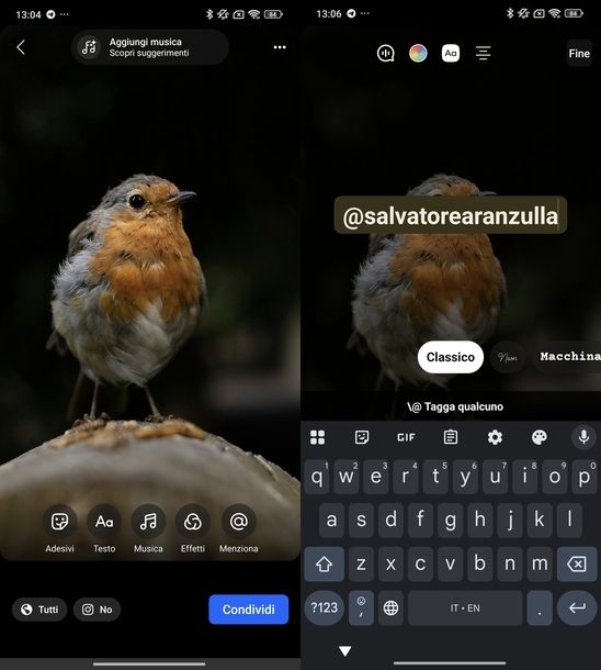 Menzionare sulla Storia Facebook Android