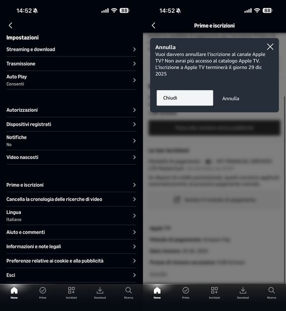 Disattivare canale Amazon Prime Video Android