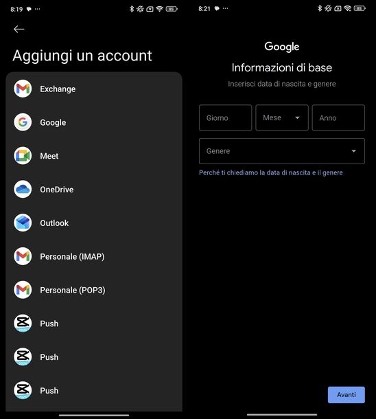 Creare email Gmail Android