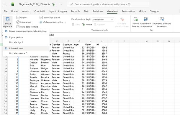 Bloccare prima colonna Excel Online
