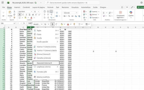 Bloccare visualizzazione colonna Excel Online