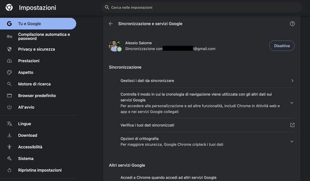 Impostazioni sincronizzazione Google Chrome