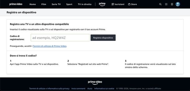 Inserire codice Amazon Prime Video sito