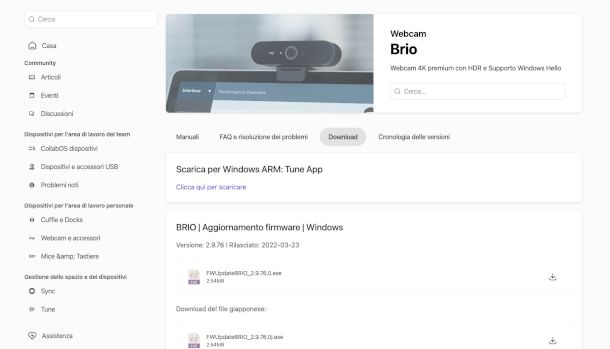 pagina download driver modello webcam Logitech