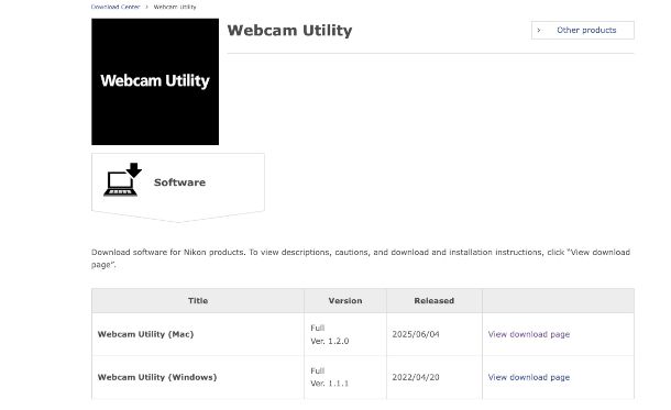 pagina di download Webcam utility su sito Nikon