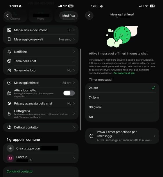 Attivare messaggi effimeri WhatsApp iOS