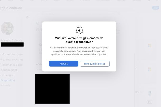 Rimuovere carte biglietti sito Apple