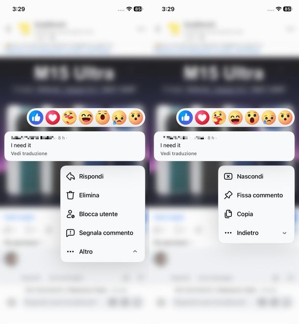 nascondere commenti Facebook app