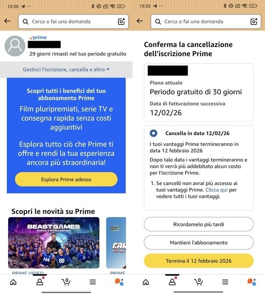 Disattivare Amazon Prime Android