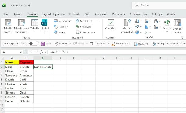aggiunta di un separatore alla formula per unire le celle