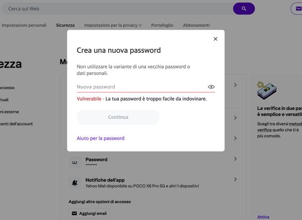 Cambiare password email Yahoo