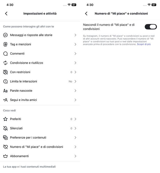Nascondere Mi piace di altri Instagram