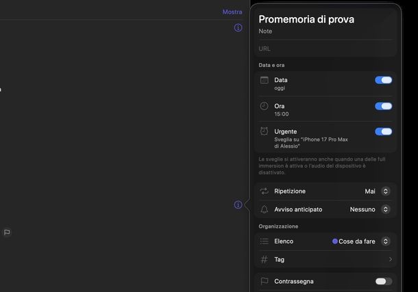 Impostare promemoria con suoneria Promemoria macOS