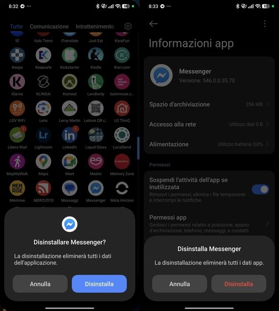 Disinstallare app Messenger Android