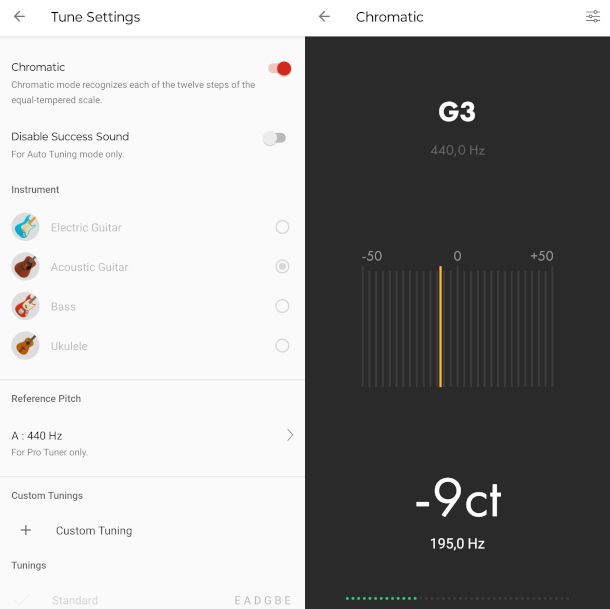 schermate impostazioni e Pro tuner app Fender Guitar Tune