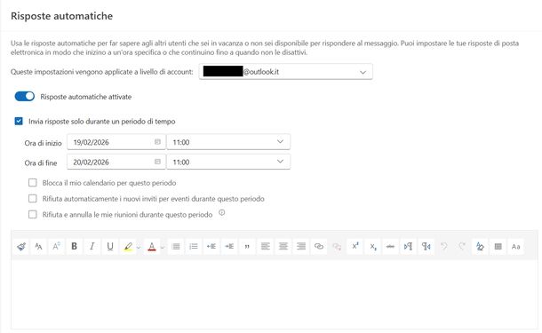 Impostare risposta automatica Outlook Windows