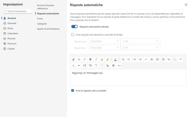 Impostare risposta automatica Outlook Web