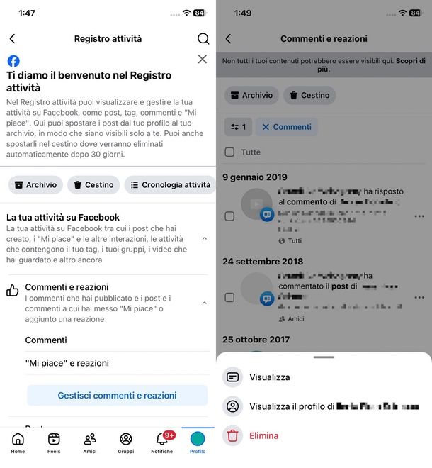 Cancellare Registro attivit&agrave; Facebook