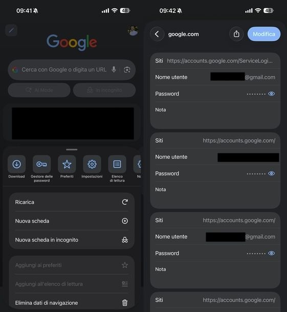 Vedere password Google Chrome iOS