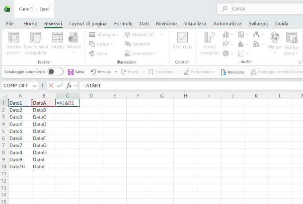 formula Excel per unire due celle con operatore &