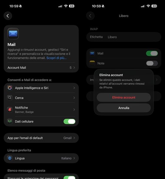 Rimuovere account email iPhone
