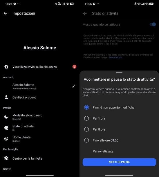 Disattivare stato attività Messenger Android