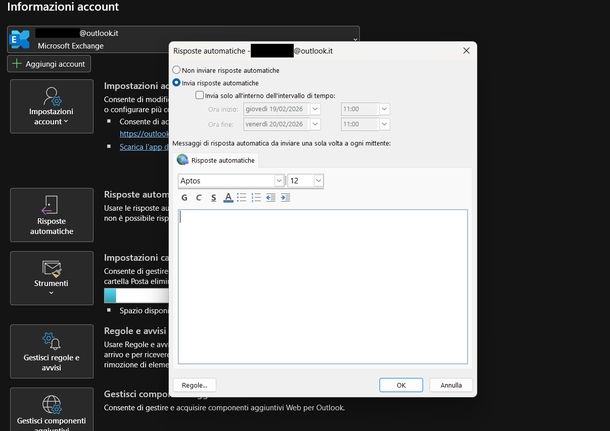 Impostare risposta automatica Outlook 365 Windows