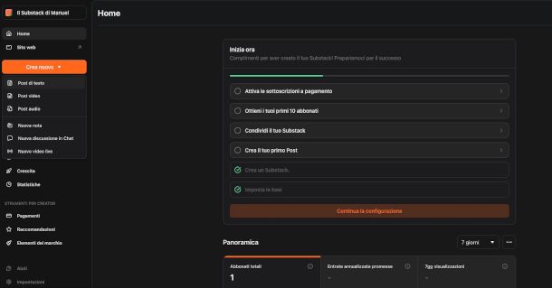 dashboard di Substack online