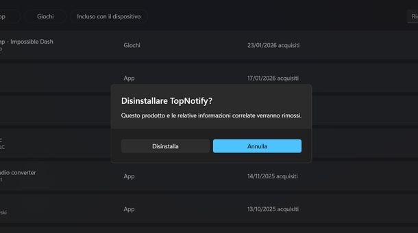 Disinstallare app Windows