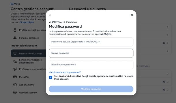 cambiare password Facebook PC