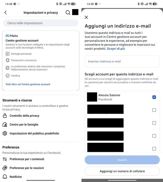 Cambiare email Facebook app