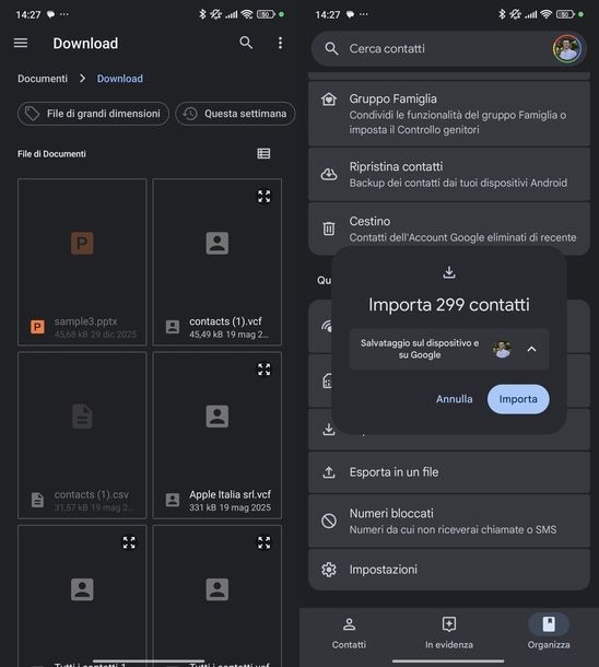 Importare manualmente contatti da file Android